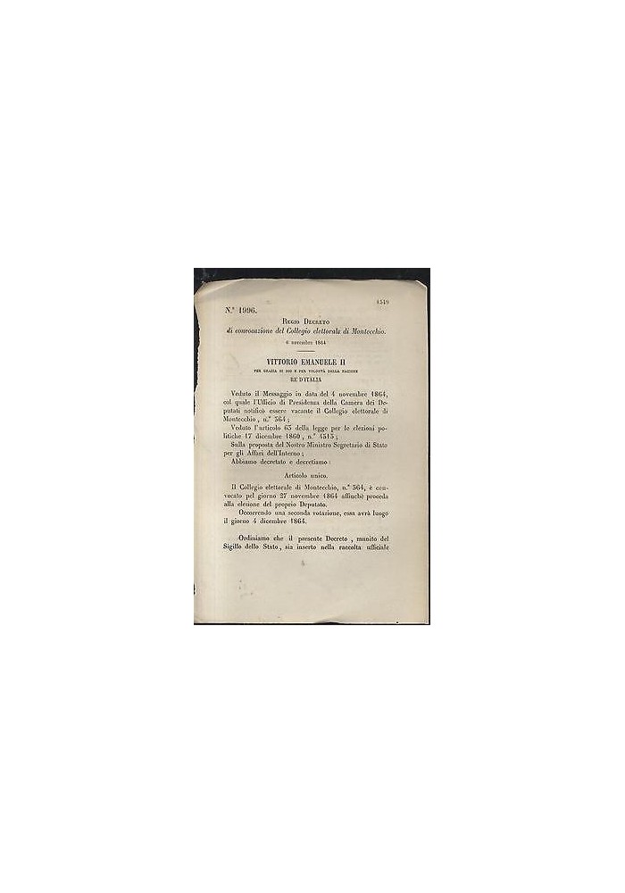 Regio Decreto 1864 CONVOCAZIONE DEL COLLEGIO ELETTORALE DI MONTECCHIO