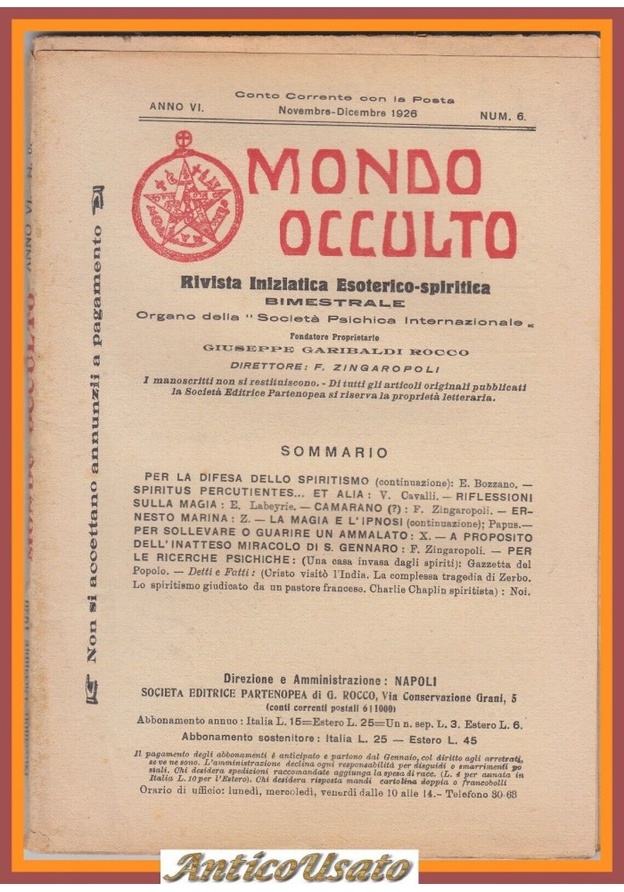 MONDO OCCULTO rivista iniziatica esoterico spiritica novembre 1926 Magia Ipnosi