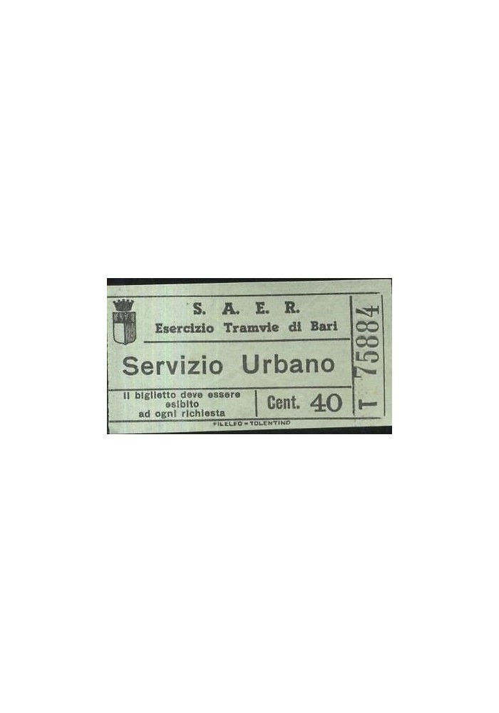 SAER Esercizio Tramvie di Bari Biglietto Tram Servizio Urbano cent 40 Anni '50