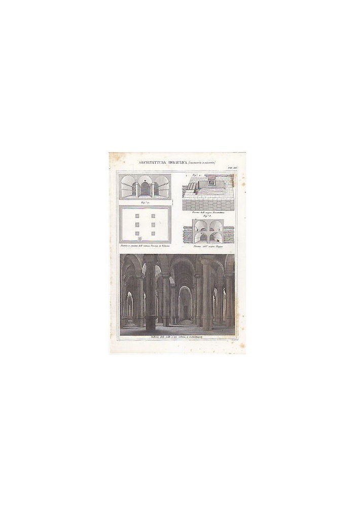 ARCHITETTURA IDRAULICA CISTERNE PISCINE INCISIONE STAMPA RAME 1866 TAVOLA