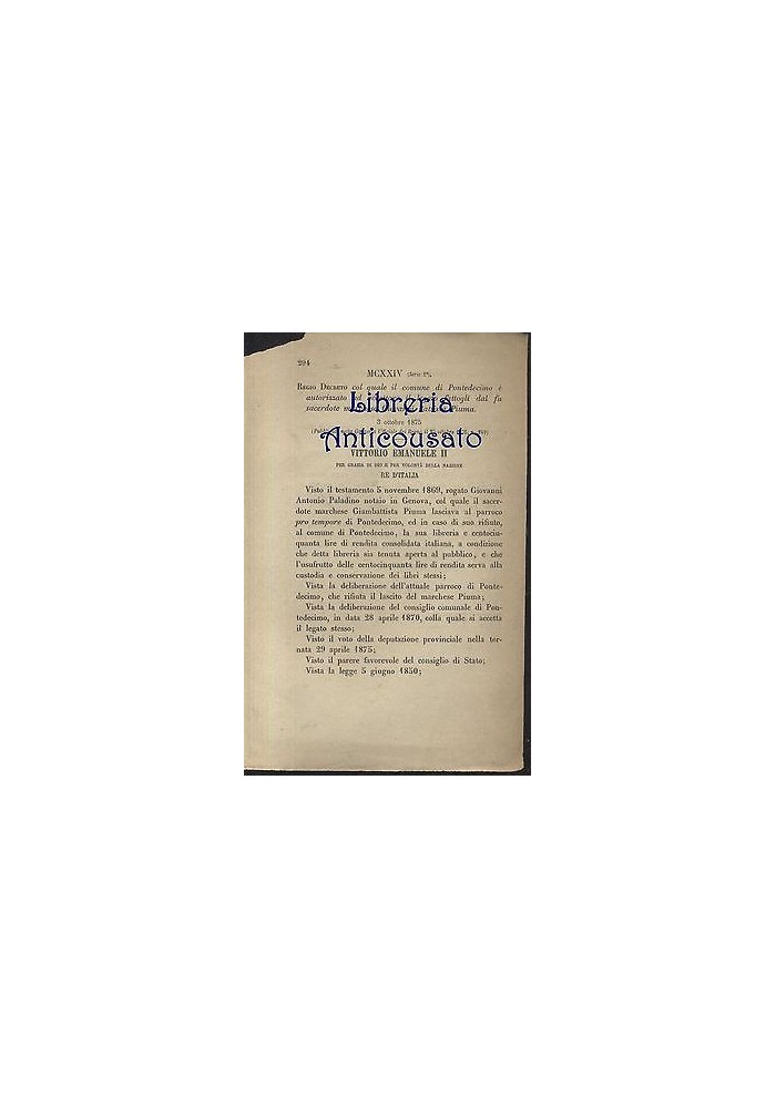 PONTEDECIMO - REGIO DECRETO - 1875 - LEGATO MARCHESE GIOVANNI BATTISTA PIUMA