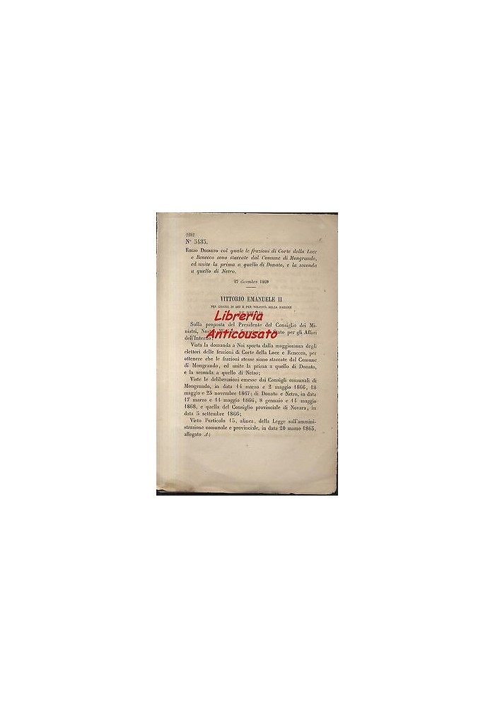 REGIO DECRETO CORTE DELLA LOCE RENECCO MANGRANDO DONADO NETRO - 1869 ORIGINALE