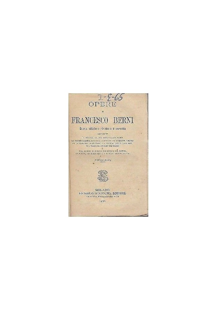 OPERE DI FRANCESCO BERNI - 1877 Sonzogno