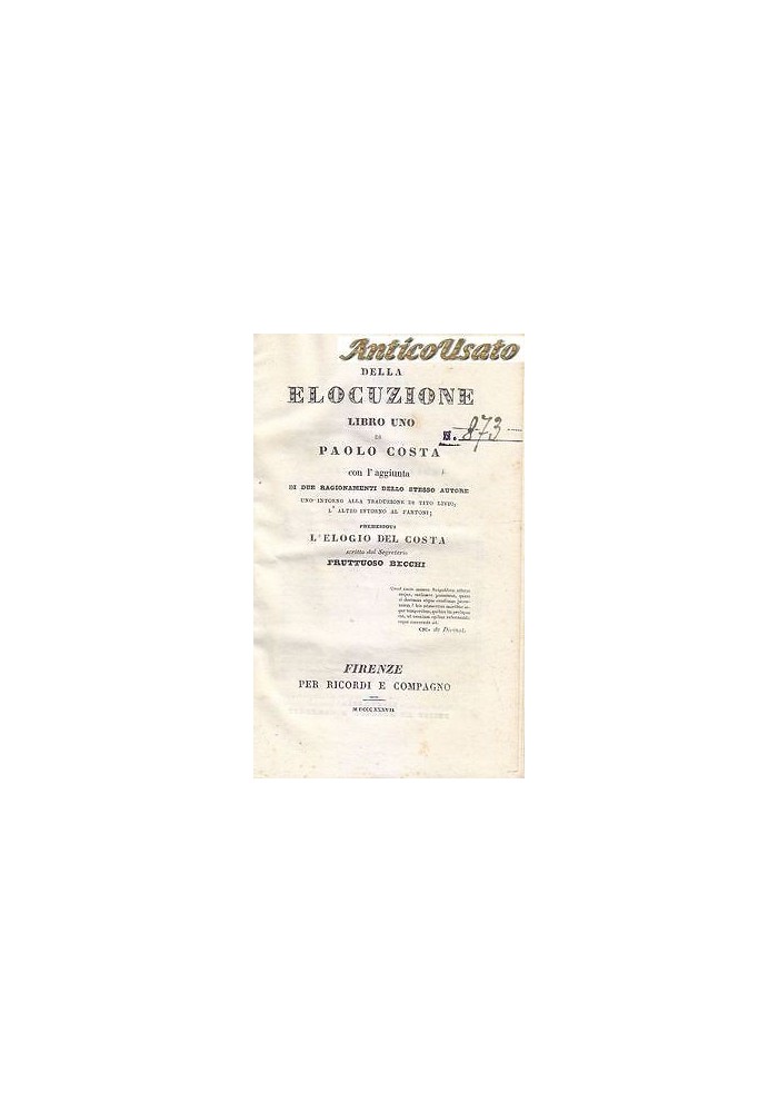 DELLA ELOCUZIONE LIBRO UNO Di Paolo Costa - Firenze per Ricordi e compagno 1837