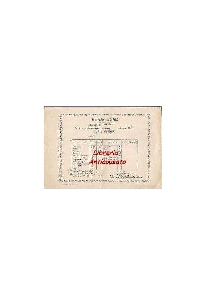 LUCERA - PAGELLA SEMINARIO LUCERINO DELL'ANNO 1908 originale diploma liceo