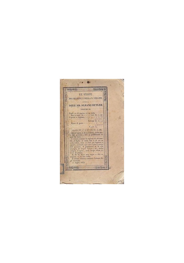 LE FESTE DEL SIGNORE E DELLA BEATA VERGINE volume III Di Albano Butler 1833