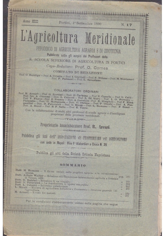 L'AGRICOLTURA MERIDIONALE 15 numeri 1890 periodico agricoltura pratica Portici