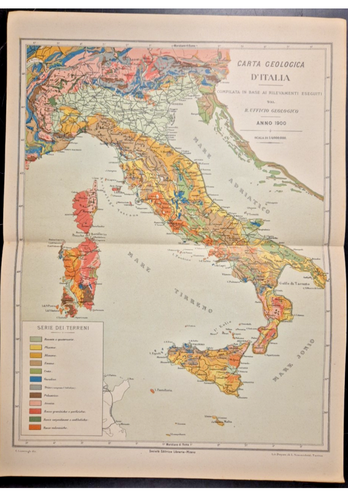 CARTA GEOLOGICA D'ITALIA 1900 Mappa Originale Antica geografica a colori cartina