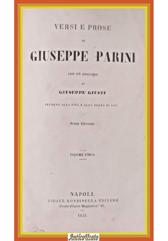 VERSI E POESIE di Giuseppe Parini 1851 Rondinella Libro antico elegante copertin