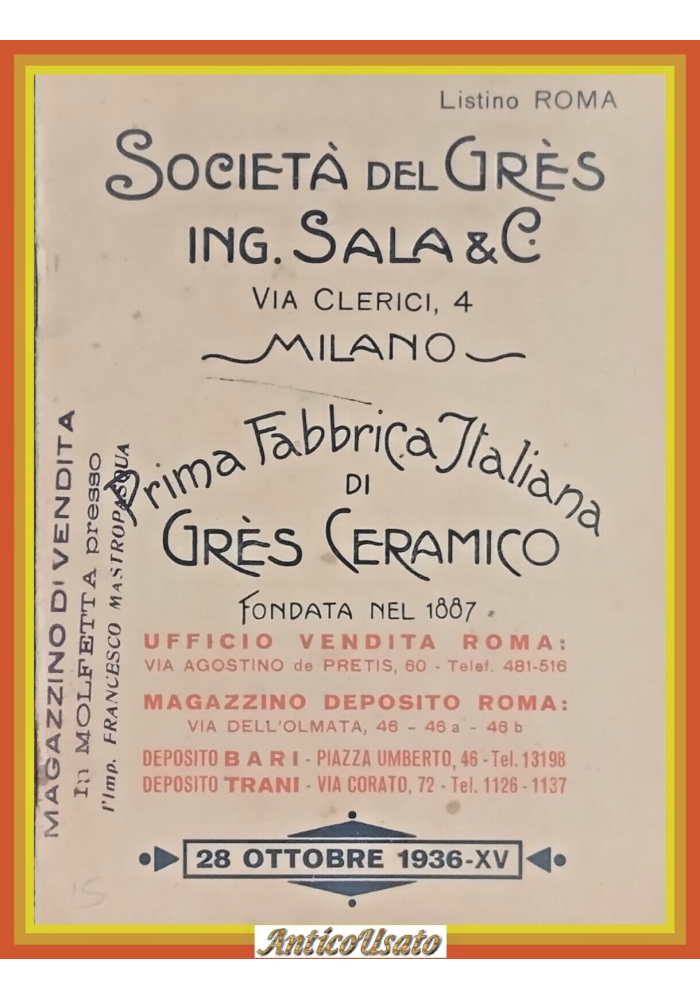 SOCIETÀ DEL GRES INGEGNER SALA Listino ottobre 1936 ceramico Libro illustrato