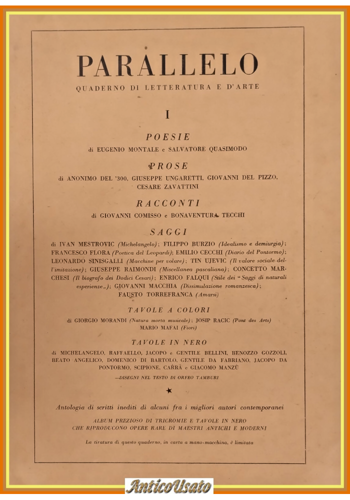 PARALLELO QUADERNO DI LETTERATURA E ARTE 1943 numero 1 Rivista Montale Ungaretti
