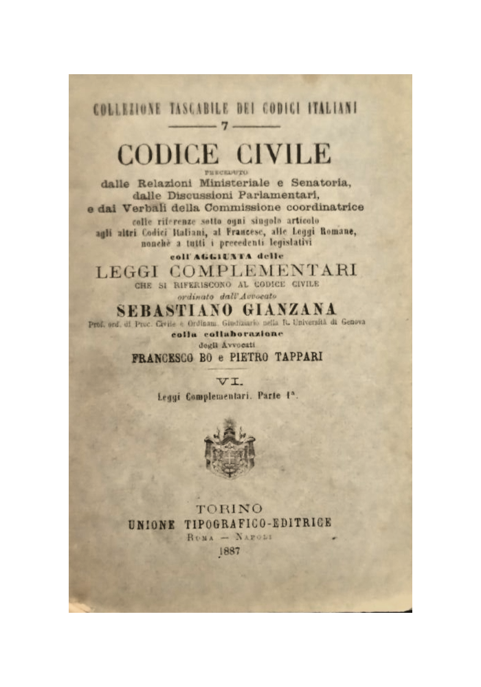 LEGGI COMPLEMENTARI AL CODICE CIVILE Parte 1 1887 UTET Libro Antico Gianzana