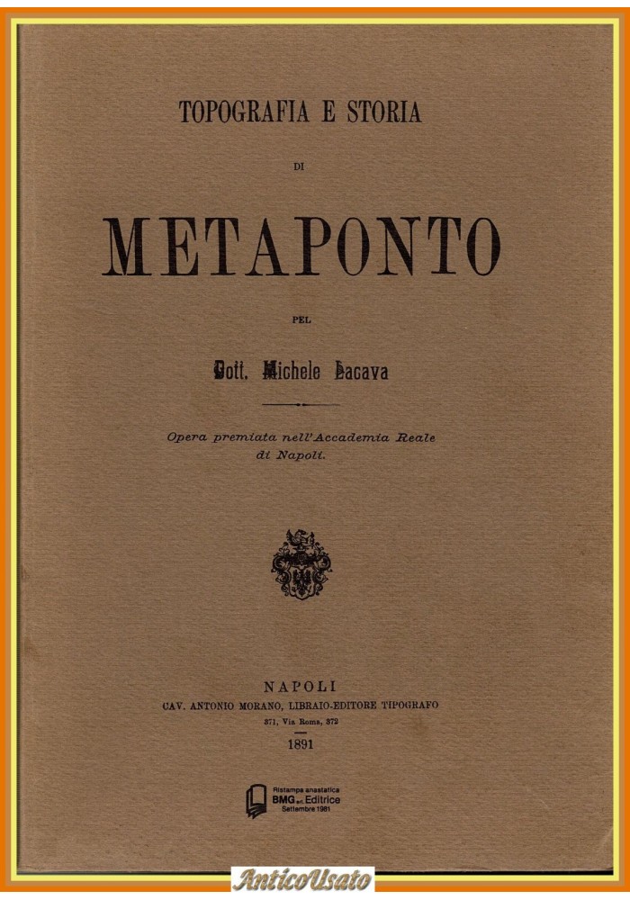 TOPOGRAFIA E STORIA DI METAPONTO di M Lacava 1973 Antonio Morano Libri Antichi