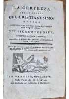 LA CERTEZZA DELLE PRUOVE DEL CRISTIANESIMO di Bergier 1777 Bettinelli Libro prov
