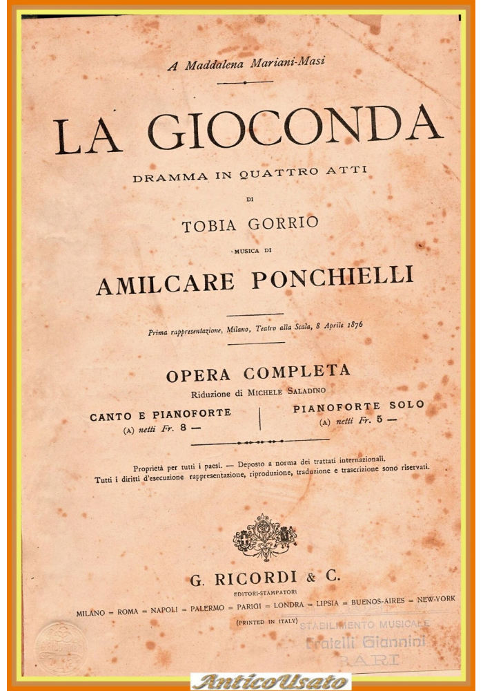 LA GIOCONDA di Ponchielli 1912 Ricordi Opera completa spartito pianoforte