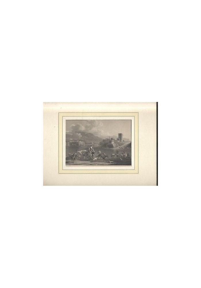 DIE FAHRE - IL TRAGHETTO 1850 STAMPA ORIGINALE nord Italia incisione Berchem