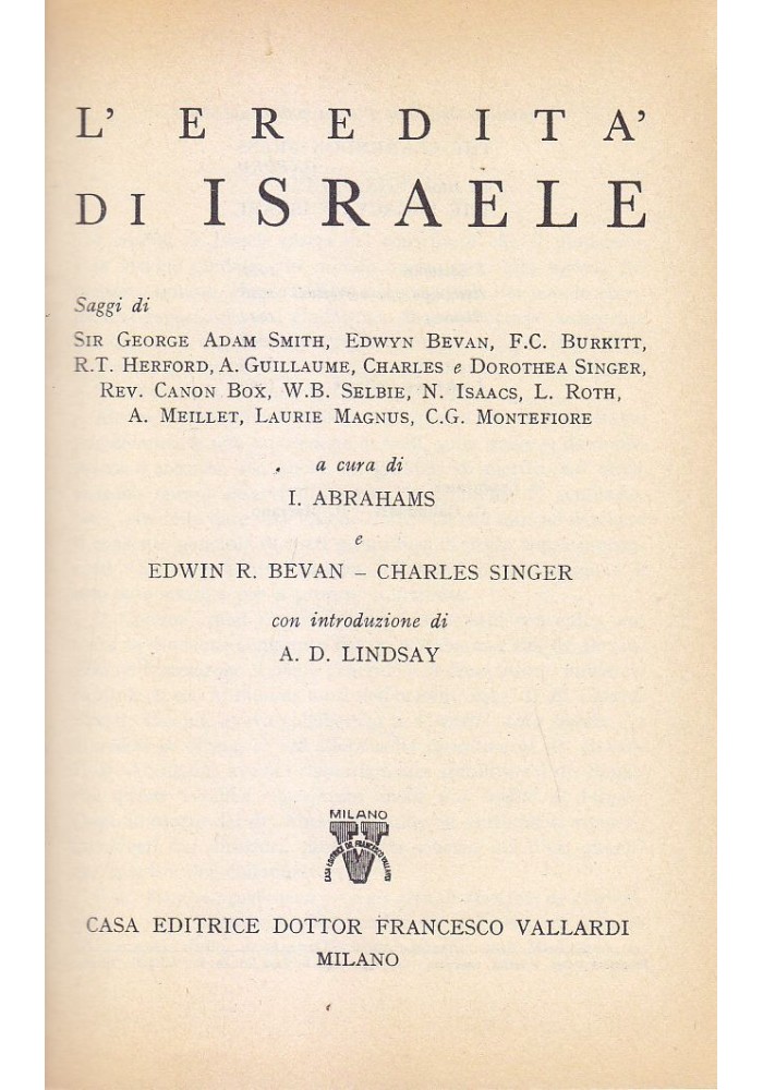 L'EREDITÀ D'ISRAELE a cura di Abrahams Bevan Singer 1960 Vallardi libro