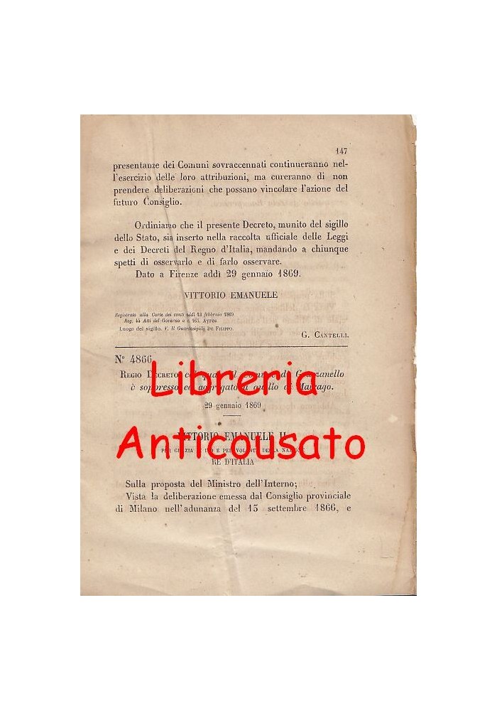 GRAZZANELLO SOPPRESSO - REGIO DECRETO 1869 - AGGREGATO A MAIRAGO originale epoca