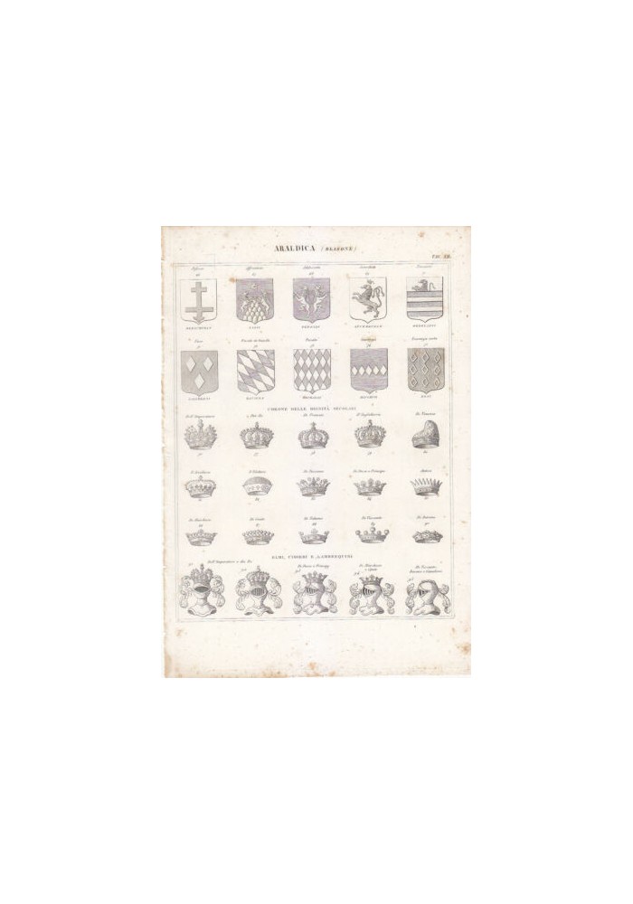 ARALDICA BLASONE INCISIONE STAMPA 1866 TAVOLA ORIGINALE corone dignità elmi