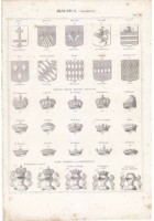 ARALDICA BLASONE INCISIONE STAMPA 1866 TAVOLA ORIGINALE corone dignità elmi