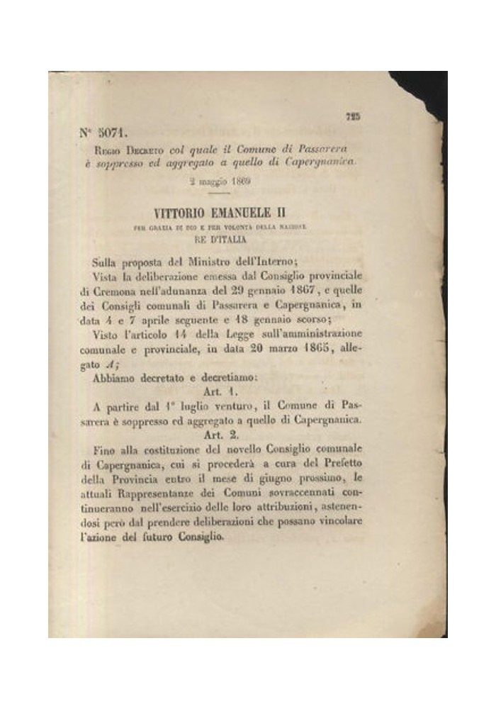 PASSARERA CAPERGNANICA - REGIO DECRETO - 1869 CREMONA