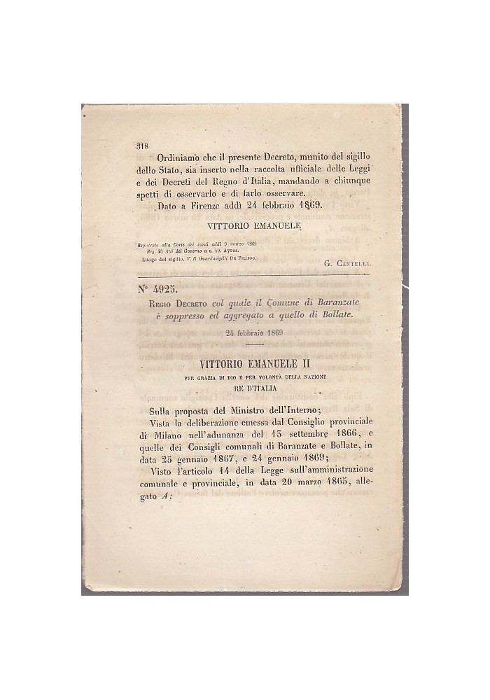 BARANZATE OLONA SOPPRESSO AGGREGATO BOLLATE Regio Decreto 1869 antico originale