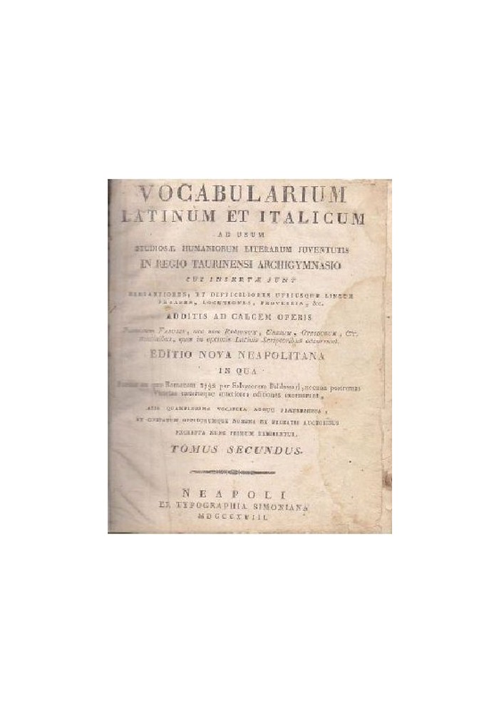 VOCABULARIUM LATINUM ET ITALICUM volume 2 di Salvatore Baldassari 1818 libro