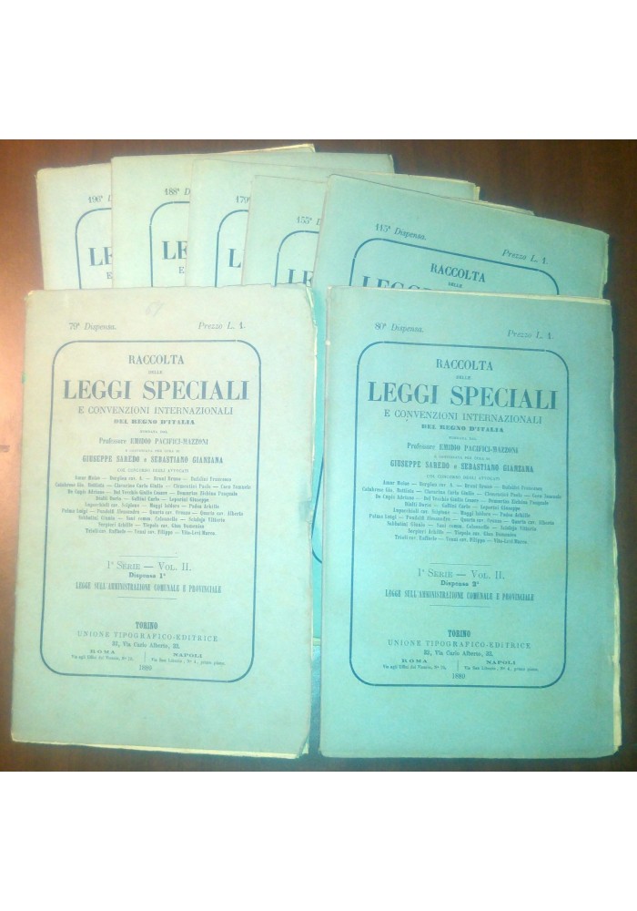 RACCOLTA DELLE LEGGI SPECIALI E CONVENZIONI INTERNAZIONALI 7 fascicoli 1880
