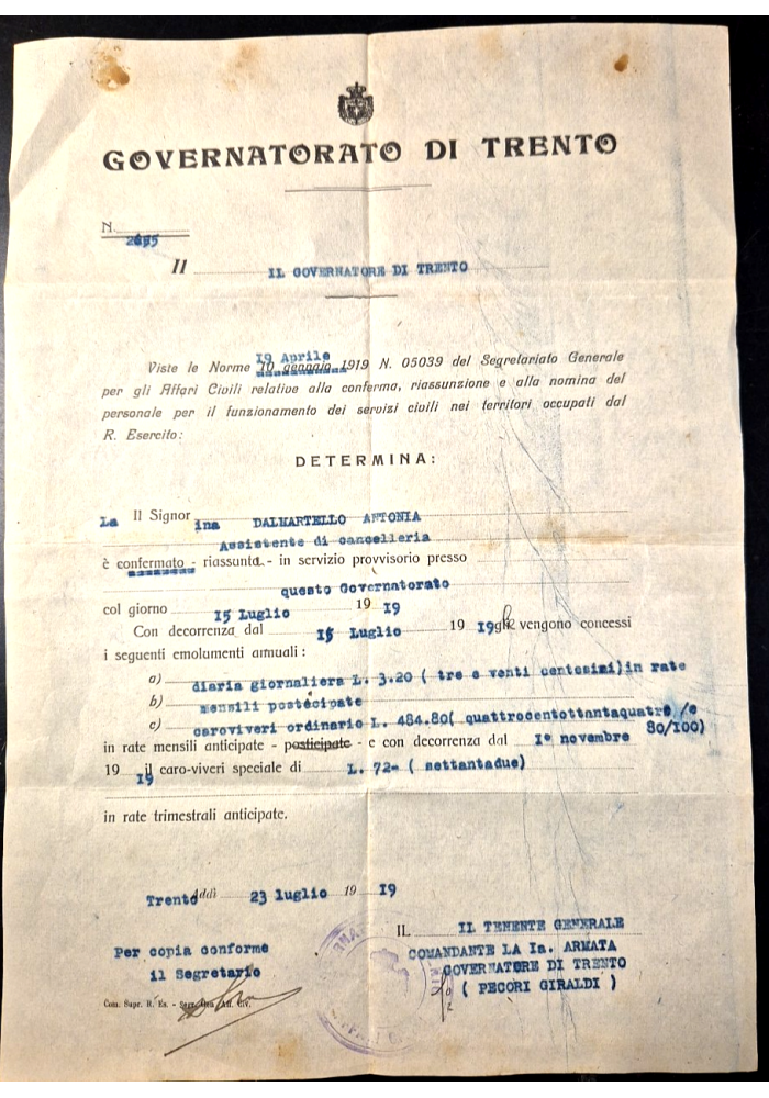 Documento GOVERNATORATO DI TRENTO 1919 Determina assunzione personale civile
