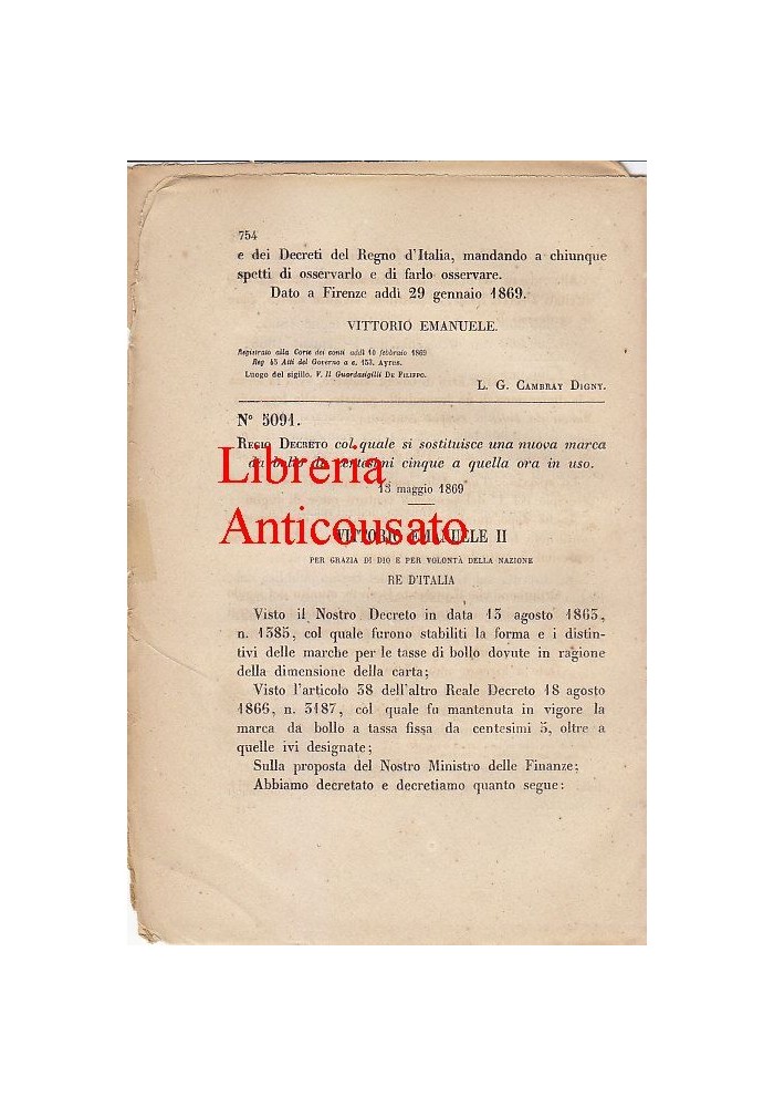 REGIO DECRETO SOSTITUZIONE NUOVA MARCA BOLLO CINQUE CENTESIMI 1869 ORIGINALE
