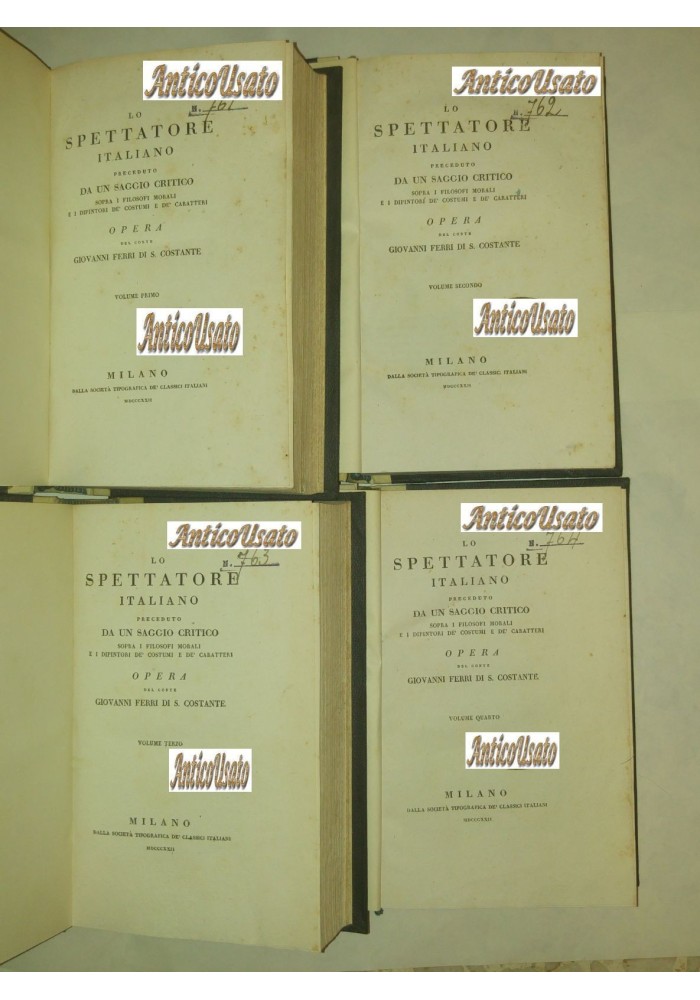 LO SPETTATORE ITALIANO Giovanni Ferri di S. Costante 1822 4 volumi completo