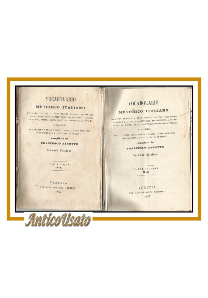 VOCABOLARIO METODICO ITALIANO 2 volumi di Francesco Zanotto 1857 libro antico