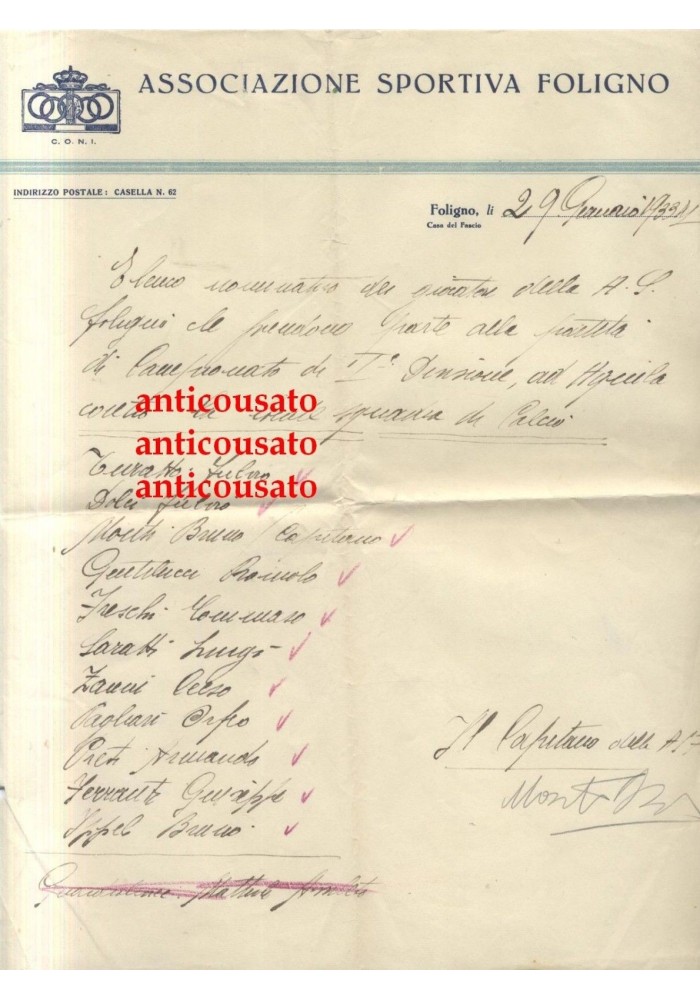 FOLIGNO calcio lettera intestata 1933 Autografo Bruno Monti partita