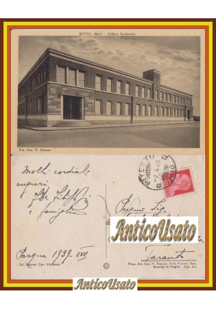BITETTO EDIFICIO SCOLASTICO Cartolina Viaggiata 1939 Bari vintage formato piccol
