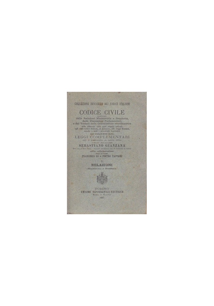CODICE CIVILE aggiunta leggi complementari vol.I - Sebastiano Gianzana 1887 UTET