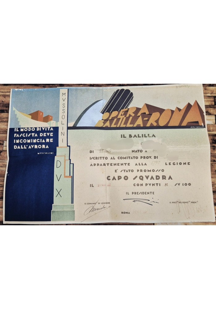 DIPLOMA PROMOZIONE CAPO SQUADRA BALILLA 1935 Illustrato da Calzavara Fascismo