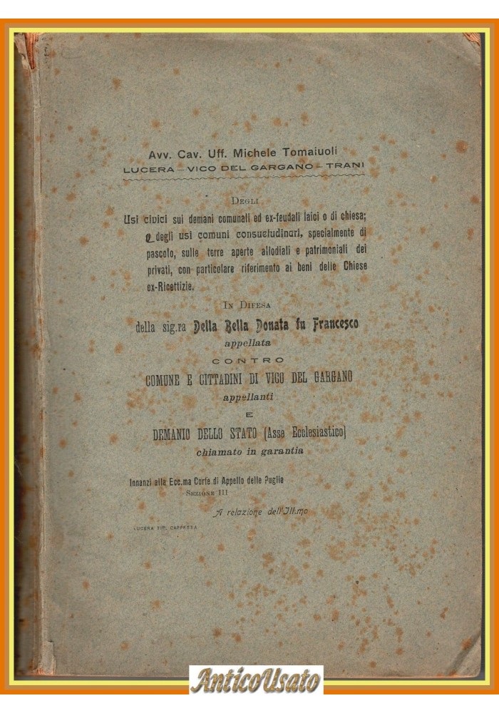 USI CIVICI SUI DEMANI COMUNALI VICO DEL GARGANO di Michele Tomaiuoli 1922 Libro