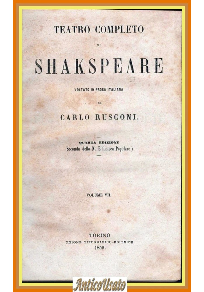 TEATRO COMPLETO SHAKESPEARE Volume 7 Pericle commedia degli equivoci 1859 UTET