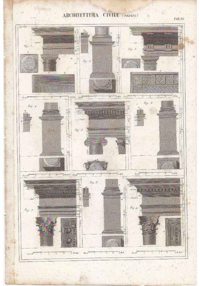 Architettura Civile Ordini Incisione Stampa Antica 1866 TAVOLA ORIGINALE DORICO