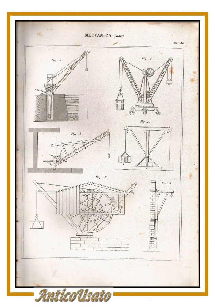 MECCANICA GRU Incisione Stampa Vintage 1866 Tavola Originale antica