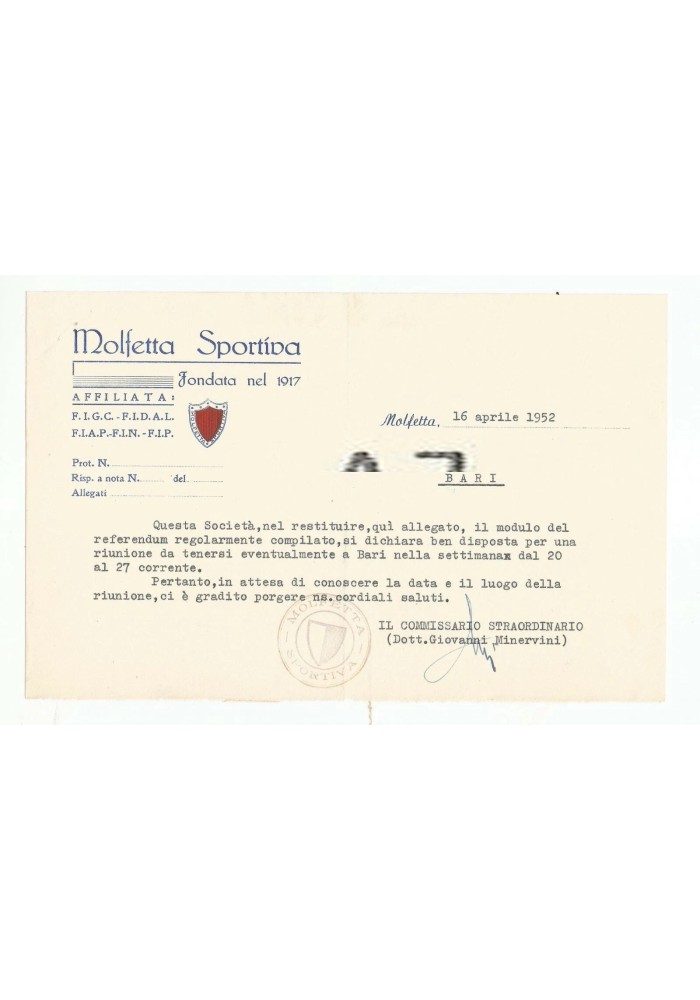 MOLFETTA SPORTIVA calcio lettera intestata 1952 girone unico serie C