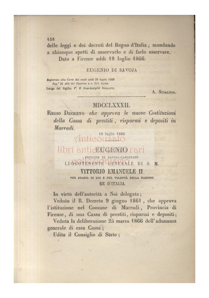 REGIO DECRETO cassa di prestiti risparmi e depositi di MARRADI 1866 ORIGINALE