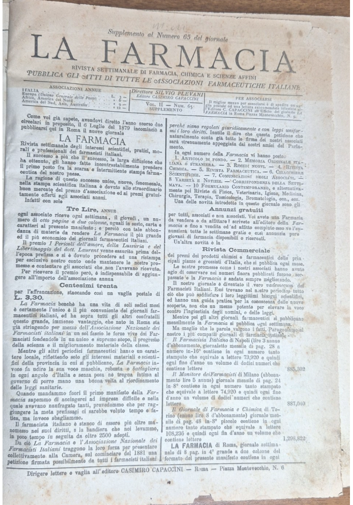 LA FARMACIA Rivista settimanale 1880 annata completa + primi numeri 1881 Antico