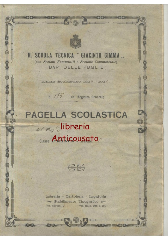 BARI PAGELLA SCOLASTCA SCUOLA TECNICA GIACINTO GIMMA 1920 - 1921 ORIGINALE