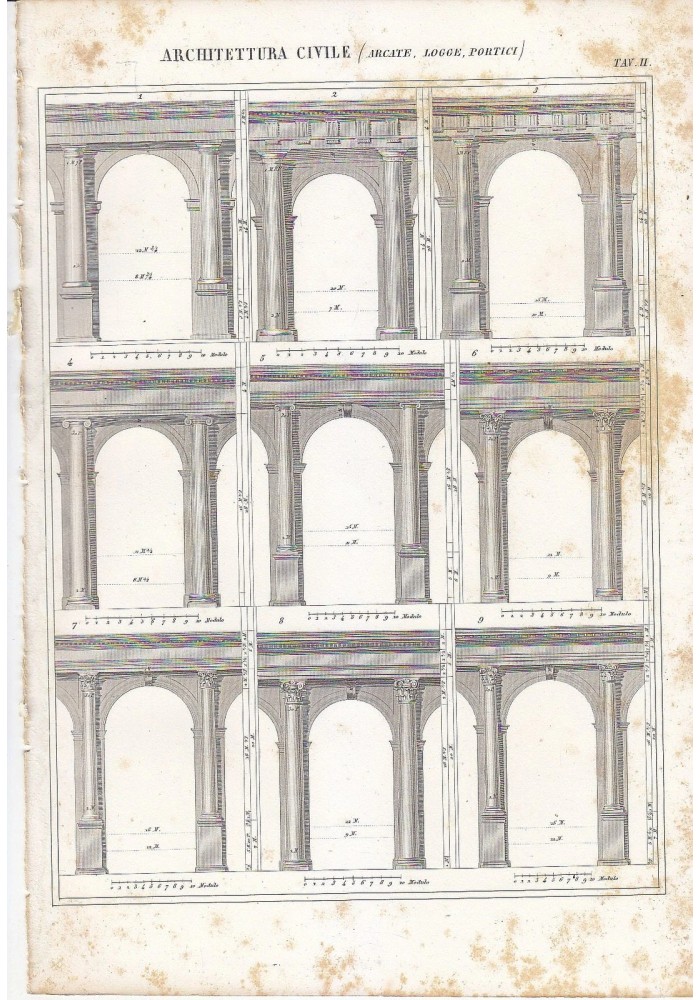 ARCHITETTURA CIVILE ARCATE LOGGE INCISIONE STAMPA IN RAME 1866 TAVOLA ORIGINALE
