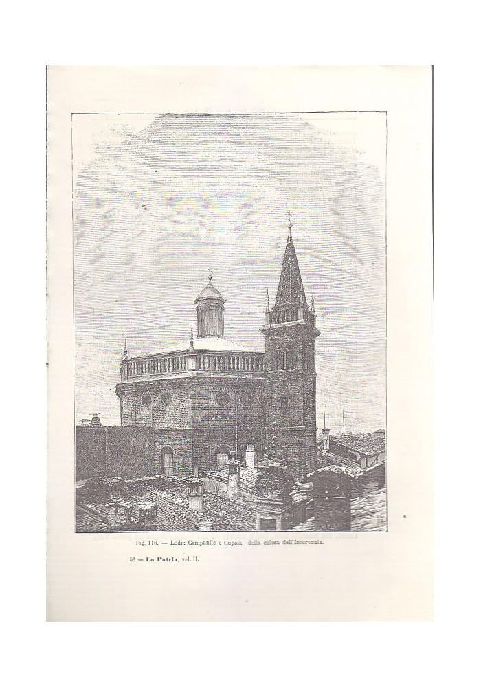 LODI CAMPANILE E CUPOLA DELLA CHIESA DELL'INCORONATA incisione originale 1902