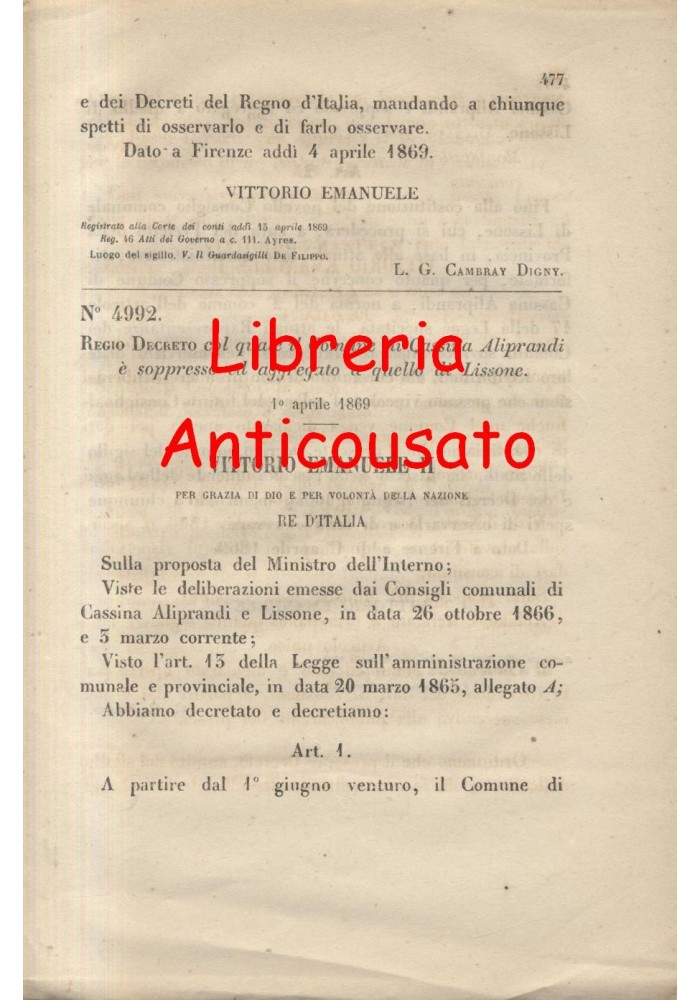 CASSINA ALIPRANDI SOPPRESSO - REGIO DECRETO - 1869 - LISSONE -originale d'epoca