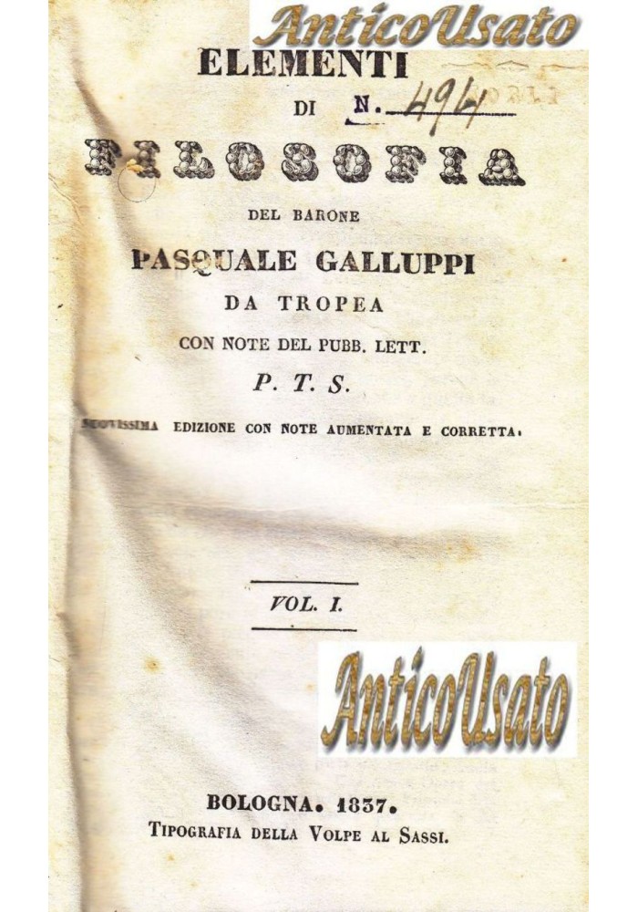 ELEMENTI DI FILOSOFIA 3 volumi di Pasquale Galluppi 1837 Tipografia della Volpe