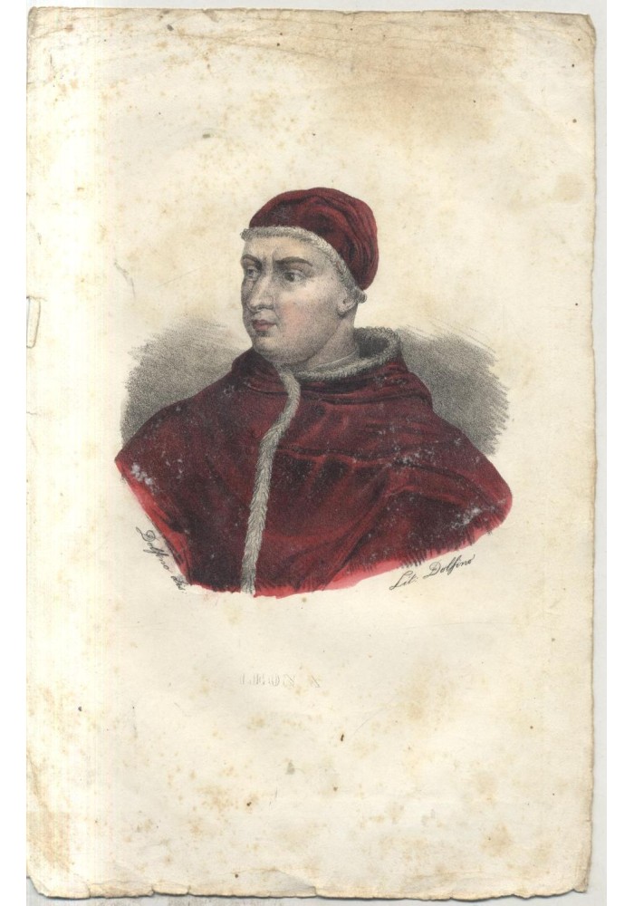 LEONE X antica litografia DOLFINO acquerellata metà 800 ORIGINALE