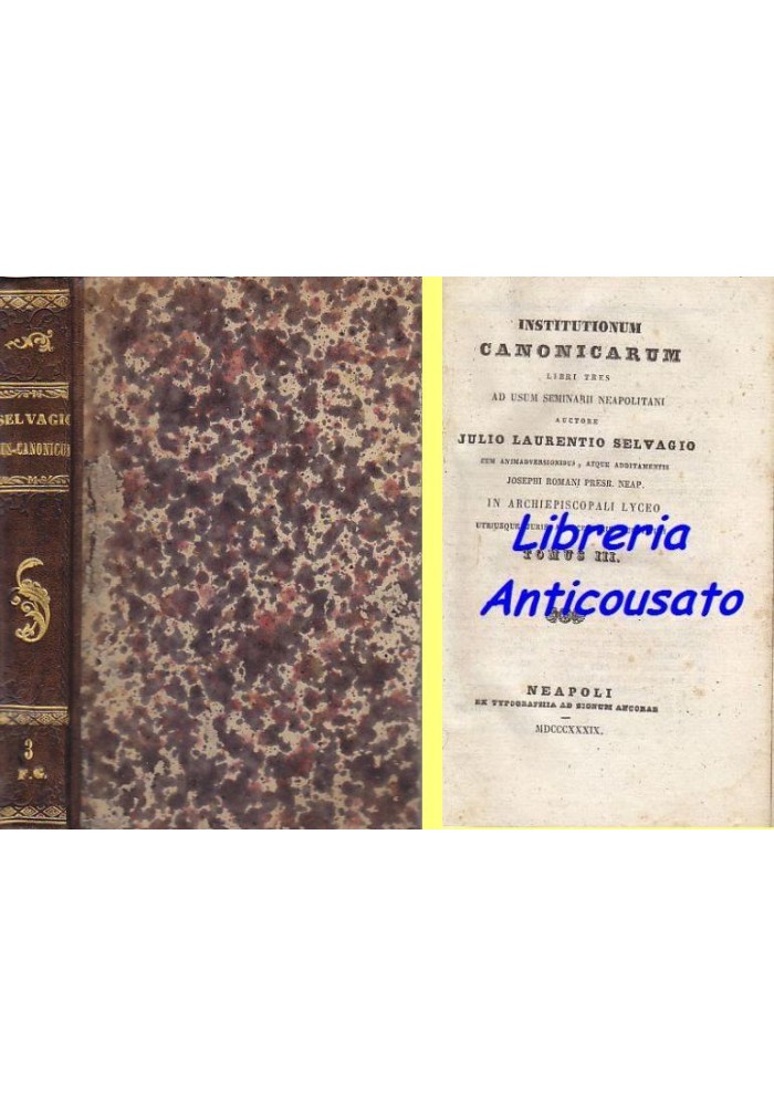 INSTITUTIONUM CANONICARUM Tomo 3 di Julio Laurentio Selvagio 1839 Ancoram